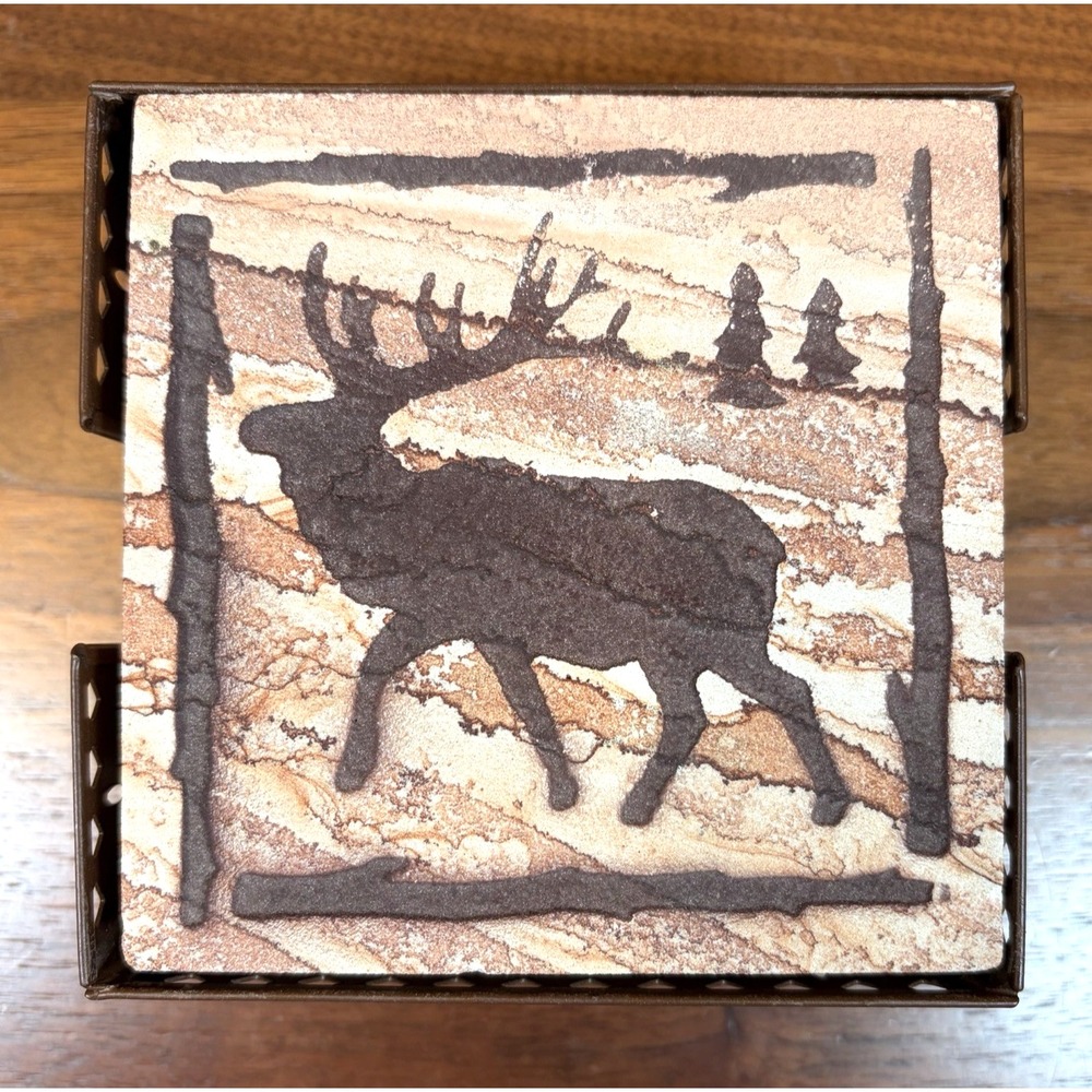 Thirstystone Moose Relief Cut Stone Coasters Set of 4 with Metal Holder Brown